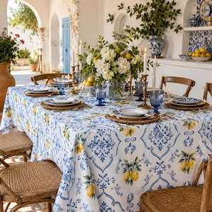 Medelhavsduk med citron, blåvit kakelduk, citrusköksinredning, sommarmatsalsöverdrag, rund rektangel fyrkantig