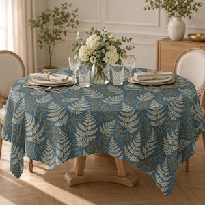 Tovaglia botanica con felce blu, copritavolo da pranzo con foglia d'oro, tovaglia rettangolare, rotonda o quadrata, decorazione autunnale in stile rustico.