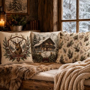 May include: Three square throw cushions featuring winter themes. The left cushion displays a deer head inside a crest with the text Alpine Lodge. The centre cushion shows a snow-covered cabin in a forest. The right cushion has a pine and berry pattern.