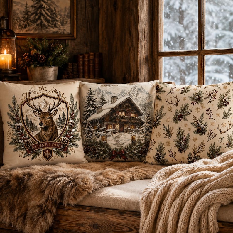 May include: Three square throw cushions featuring winter themes. The left cushion displays a deer head inside a crest with the text Alpine Lodge. The centre cushion shows a snow-covered cabin in a forest. The right cushion has a pine and berry pattern.