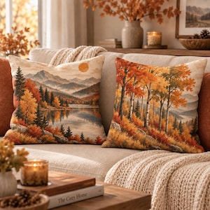Fall Landscape Pillow Cover, Autumn Mountain Forest Decor, Rustic Lake Farmhouse Throw Pillow, Double-Sided Cushion, 14/16/18/20/24 Inch