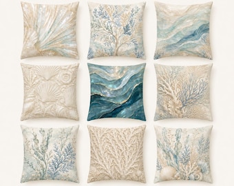 Funda de almohada costera, almohada de coral con conchas marinas azul beige, decoración cuadrada de doble cara para sofá, decoración para casa de playa, 14/16/18/20/24 pulgadas