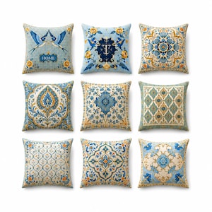 May include: Nine decorative throw pillows with various blue, yellow, and white floral and geometric patterns. Some pillows feature birds and the word "HOME". The pillows are square and have a soft, textured appearance.