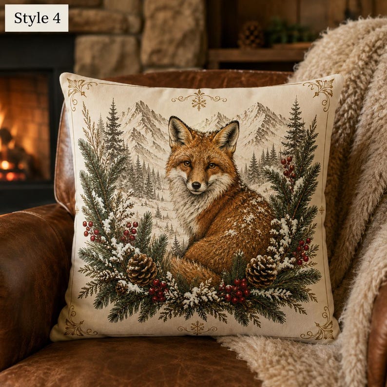 May include: A square throw cushion featuring a printed illustration of a red fox centred against a snowy mountain and pine forest background. The fox is framed by a wreath of green pine branches, pinecones, and red berries with gold accents.