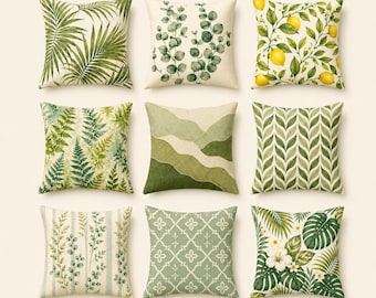 Fodera per cuscino verde, fodera per cuscino estiva con motivo botanico, decorazione quadrata double-face per divano, foglia di felce limone tropicale, 14/16/18/20/24 pollici