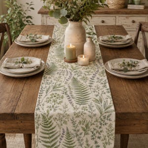Fern Table Runner, Botanical Linen Look Table Runner, Green Leaf Farmhouse Dining Table Decor, 13/16 Inch Wide Table Runner