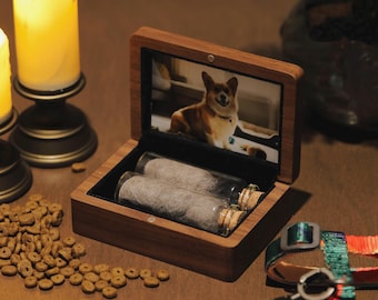 Custom Pet Memorial Box, Personalized Pet Hair Keepsake Box, Wooden Dog Cat Remembrance Large Box, Pet Loss Gift with Photo and Vials
