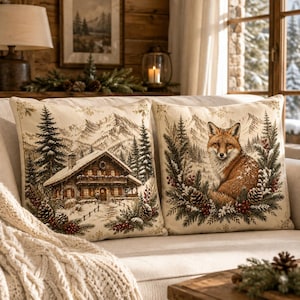 May include: Two square throw pillows featuring a woven tapestry design. One pillow displays a snow-covered cabin in a mountain forest, while the other shows a fox surrounded by pine branches, pinecones, and red berries against a mountain backdrop.
