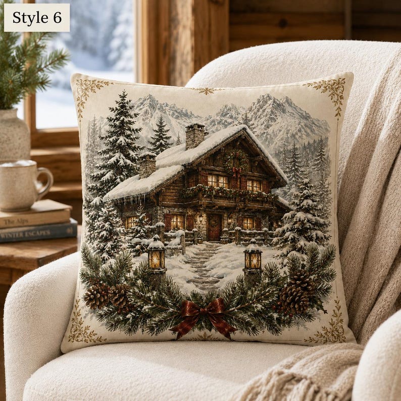 May include: A square throw pillow featuring a printed winter scene of a wooden cabin nestled in snow-covered mountains. The design includes evergreen trees, a stone path, two lit lanterns, and a pine branch wreath with a red bow at the bottom.