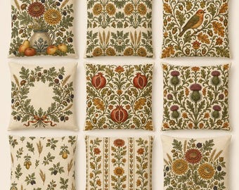 Fodera per cuscino botanica vintage, decorazione autunnale con fiori e uccelli in stile Arts & Crafts, cuscino quadrato double-face con melograno e ghianda, 14/16/18/20/24 pollici