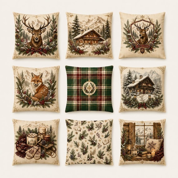 Alpine Lodge Pillow Cover, Winter Cabin Decor, Deer & Chalet Cushion Cover, Double-Sided Tartan Pillow, 14/16/18/20/24 Inch