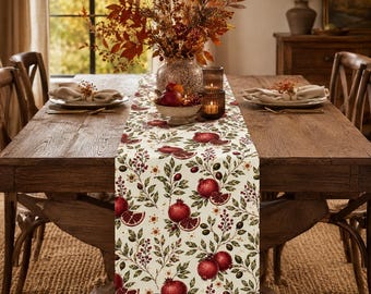 Tafelloper met granaatappelmotief, mediterrane fruit- en bloemenloper, Toscaanse keukendecoratie, herfsttafeldecoratie voor Thanksgiving, 34,5 cm breed