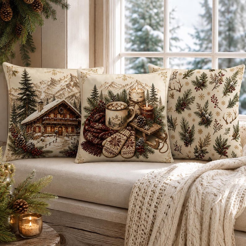 May include: Three square scatter cushions featuring winter scenes. The left cushion shows a snowy mountain cabin. The centre cushion displays a mug of cocoa, mittens, and candles. The right cushion has a repeating pattern of pine branches and antlers.