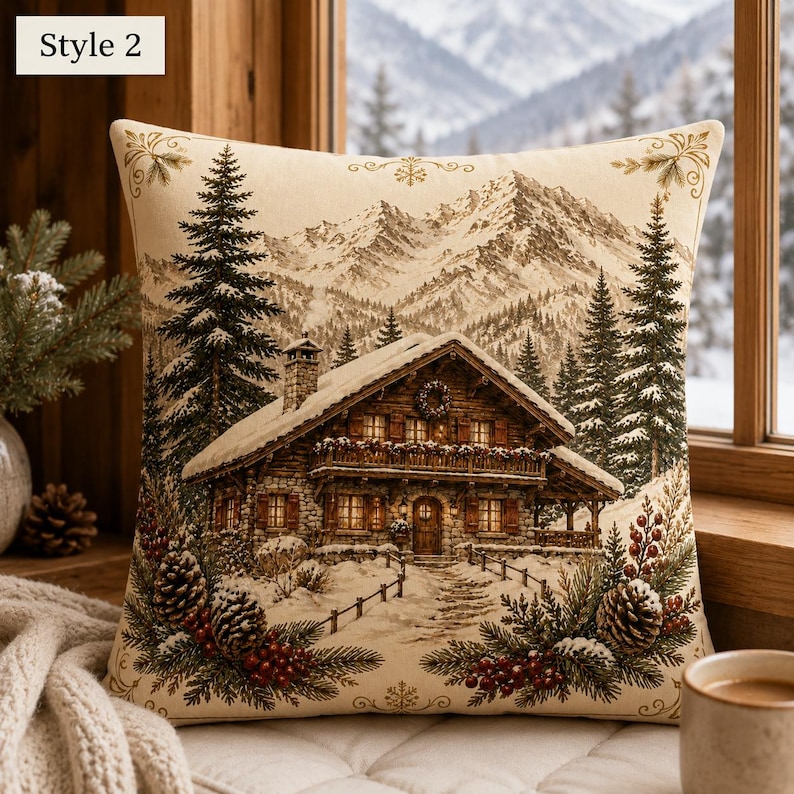 May include: A square throw pillow featuring a woven scene of a snow-covered wooden cabin in a mountain forest. The design includes tall pine trees, a stone chimney, and a foreground decorated with pine cones and red berries. Text reads Style 2.