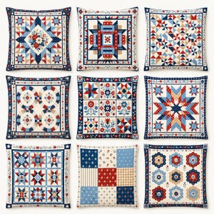 Puede incluir: Una colección de nueve cojines cuadrados con varios patrones de patchwork en tonos rojo, blanco y azul. Cada cojín muestra intrincadas formas geométricas, motivos florales y diseños de estrellas con bordes decorativos.