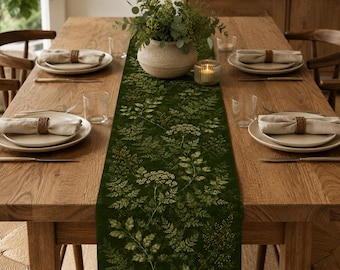 Dark Green Botanical Table Runner, Farmhouse Linen Look Table Runner, Forest Floral Dining Table Decor, 13/16 Inch Wide Table Runner