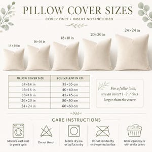 May include: A size guide for pillow covers featuring five beige square pillows in sizes 14x14, 16x16, 18x18, 20x20, and 24x24 inches. Includes a conversion table for centimetres, care instructions with icons, and text stating cover only, insert not included.