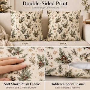 May include: Two square throw pillows featuring a cream-coloured fabric with a repeating pattern of green pine branches, brown pinecones, red berries, and gold snowflakes. The pillows include a hidden zipper closure and soft short plush fabric.