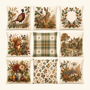 Pode incluir: Um conjunto de nove almofadas quadradas com várias estampas de temática natural, incluindo um faisão, um coelho, uma coroa de folhas de carvalho, um esquilo, um padrão de xadrez verde, uma casa de campo, um vaso floral, folhas de outono e um ouriço.