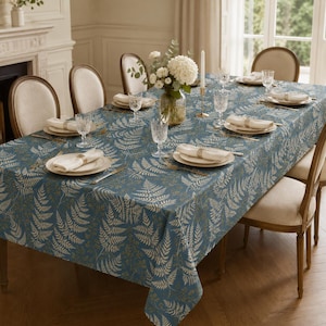 Blue Fern Botanical Tablecloth, Gold Leaf Dining Table Cover, Rectangle Round Square Tablecloth, Fall Farmhouse Decor