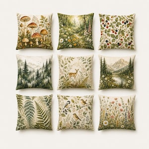 May include: Nine square throw pillows with nature-themed designs. The pillows feature images of mushrooms, forests, berries, ferns, deer, birds, mountains, and wildflowers. The color palette includes greens, browns, and creams, creating a rustic and natural aesthetic.
