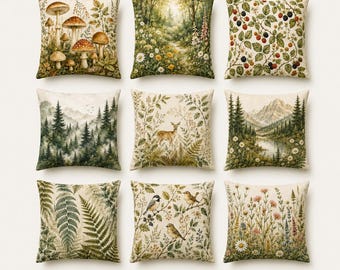 Funda de almohada Bosque del bosque, estilo cottagecore, botánica, setas, ciervos y helechos, decoración cuadrada de doble cara para sofá, 14/16/18/20/24 pulgadas