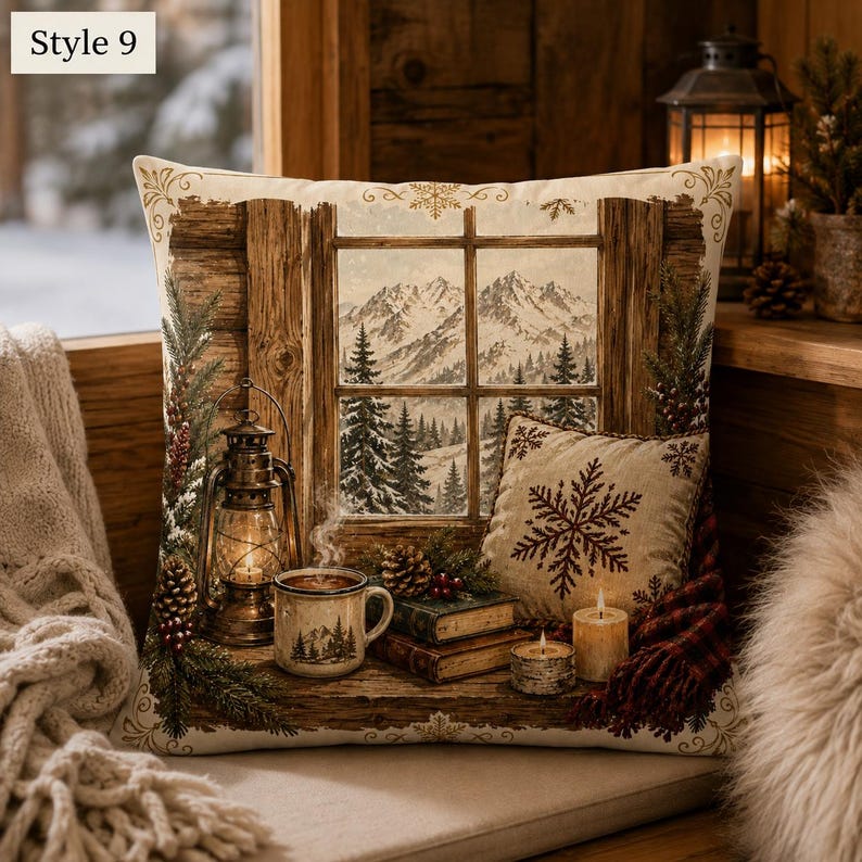 May include: A square throw cushion featuring a printed scene of a window looking out onto snow-covered mountains and pine trees. The design includes a lit lantern, a steaming mug, two stacked books, two pillar candles, and a small snowflake cushion.