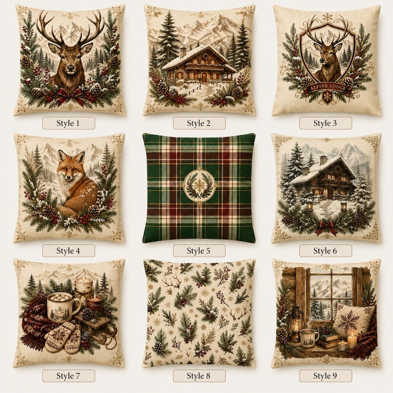 May include: A collection of nine square scatter cushions featuring winter and holiday themes. Designs include a deer, a mountain cabin, a deer crest, a fox, a green and red plaid pattern, a snowy cabin, a cosy hot cocoa scene, pine branches, and a window view.