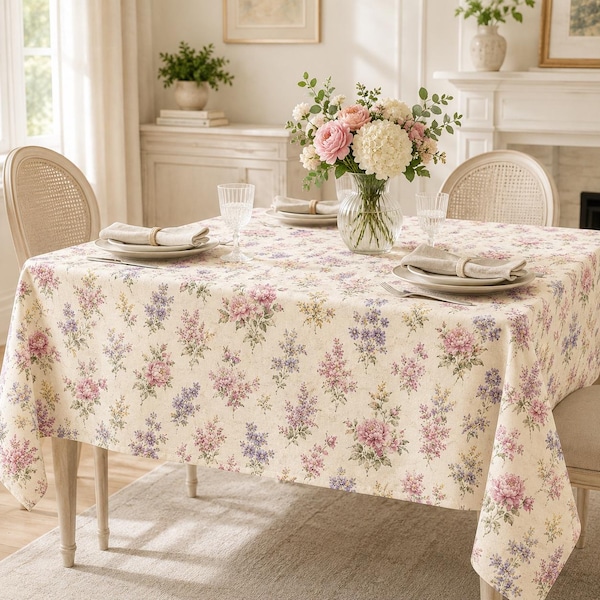 Vintage Floral Tablecloth, Cottagecore Dining Table Cover, French Country Kitchen Decor, Spring Brunch Table Cloth