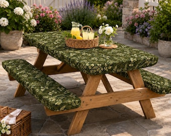 Botanical Picnic Table Cover Set, Fitted Outdoor Tablecloth with Bench Covers, Water Resistant Oxford Fabric, 4FT 6FT 8FT