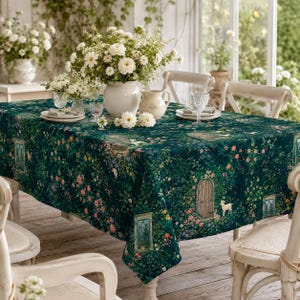 Puede incluir: Un mantel rectangular con fondo verde oscuro, un denso estampado floral, pequeños animales blancos e ilustraciones de puertas y ventanas de madera. La tela cubre una mesa de comedor decorada con jarrones y platos de cerámica blanca.