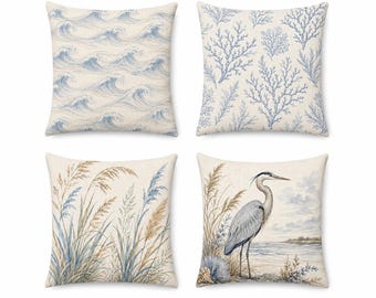 Coastal Grandmother Pillow Cover, Blue Beach House Throw Pillow, Double-Sided Cushion Cover, Ocean Wave Heron Decor, 14/16/18/20/24 Inch