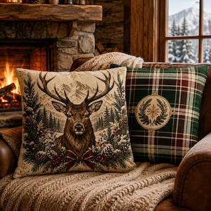 May include: Two square throw pillows. One pillow features a detailed illustration of a stag with antlers, surrounded by pine branches, pinecones, red berries, and a red bow, set against a mountain landscape. The other pillow has a green plaid pattern.