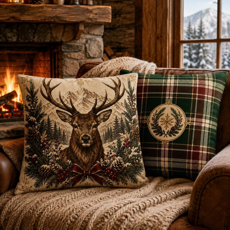 May include: Two square throw pillows. One pillow features a detailed illustration of a stag with antlers, surrounded by pine branches, pinecones, red berries, and a red bow, set against a mountain landscape. The other pillow has a green plaid pattern.