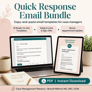 May include: A digital product bundle titled Quick Response Email Bundle for case managers, featuring a laptop and tablet displaying email templates, a spiral notebook, and text indicating 10 templates, subject lines, and a PDF download.
