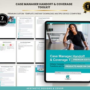 May include: A digital toolkit titled "Case Manager Handoff & Coverage Toolkit" with a premium edition label. The image shows a woman using a laptop. The toolkit includes templates and checklists for smooth transitions and is compatible with multiple devices.