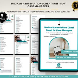 Puede incluir: Una hoja de trucos digital de abreviaturas médicas para administradores de casos. El diseño incluye una tableta que muestra la hoja de trucos, con el texto "Medical Abbreviations Cheat Sheet for Case Managers". El diseño también incluye el texto "Premium Edition" y "Products Made on Canva".