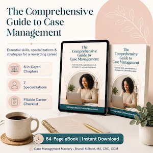 May include: A digital tablet and a physical book titled The Comprehensive Guide to Case Management, featuring a person using a laptop. The set includes a coffee mug, a spiral notebook, a pen, and a plant, with text detailing 8 chapters and 7 specializations.