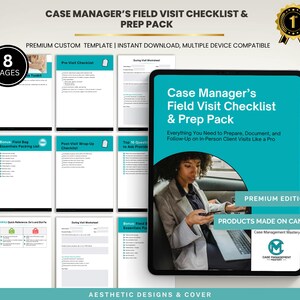 Könnte beinhalten: Ein digitales Produkt mit dem Titel "Case Manager's Field Visit Checklist & Prep Pack" wird auf einem Tablet angezeigt. Das türkisfarbene Cover zeigt Text und ein Foto einer Person. Das Bild enthält Checklisten und Arbeitsblätter.