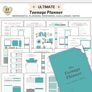 Pode incluir: Um planejador azul turquesa com o texto "The Teenage Planner" e "Focus/Self-Care/Wellness" na capa. O planejador tem 51 páginas e inclui folhas de trabalho, planejadores, lembretes, desafios e notas.