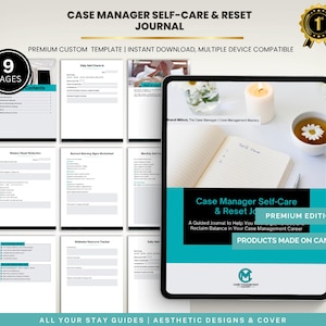Może przedstawiać: Cyfrowy dziennik zatytułowany "Case Manager Self-Care & Reset Journal" z turkusowo-czarnym designem. Dziennik jest wyświetlany na tablecie ze świecą, herbatą i kwiatami. Edycja premium wykonana w Canva.