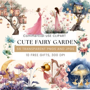Watercolor Fairy Garden Clipart | Cute Fairy Houses  Pink Fairies 56+PNG | Enchanted Forest Magic Fairy Bundle for Digital & Print