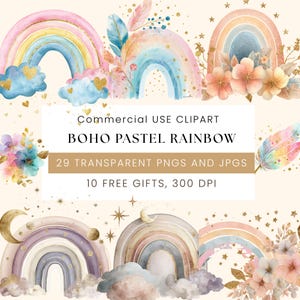 Boho Pastel Rainbow Clipart | Watercolor Bohemian Rainbows 29+PNG Bundle | Soft Pastel Colors | Nursery & Kids Art | Digital Download