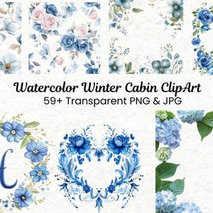 59 Blue Grandmillennial Watercolor Clipart | Forget-Me-Not Flowers, Greenery, Frames, Wreaths, Patterns & Crests | Digital Download