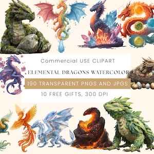 190Elemental Dragon Clipart Bundle | Watercolor Fire, Water, Air, Earth Dragons | Fantasy Creature PNG | Mythical Clipart | Digital Download