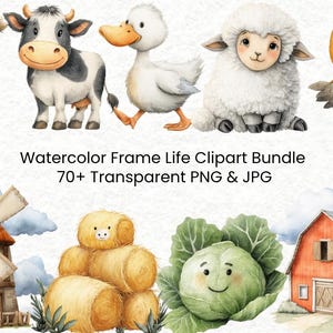 Watercolor Frame Life Clipart Bundle | Cute Baby Farm Animal PNG | Nursery Wall Art | Baby Shower Decor | Pig, horse, Sheep,Digital Download