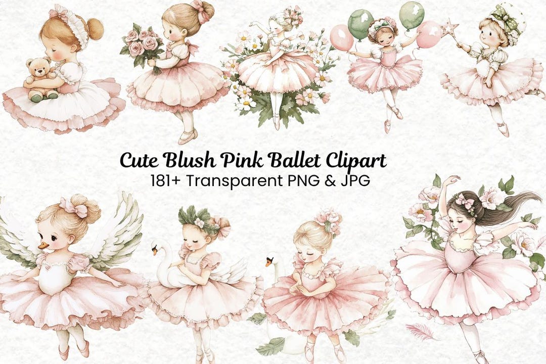 Cute Blush Pink Ballet Clipart | Watercolor Ballerina & Swan Lake PNG ...