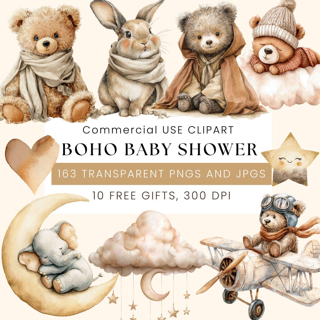 Boho Baby Shower Clipart Bundle | Neutral Teddy Bear PNG | No Gender ...