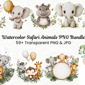 Safari Animals Clipart Bundle | Watercolor Safari Animals PNG & JPG | Baby Shower Jungle Animals | Cute Animal Illustrations | Instant Downl