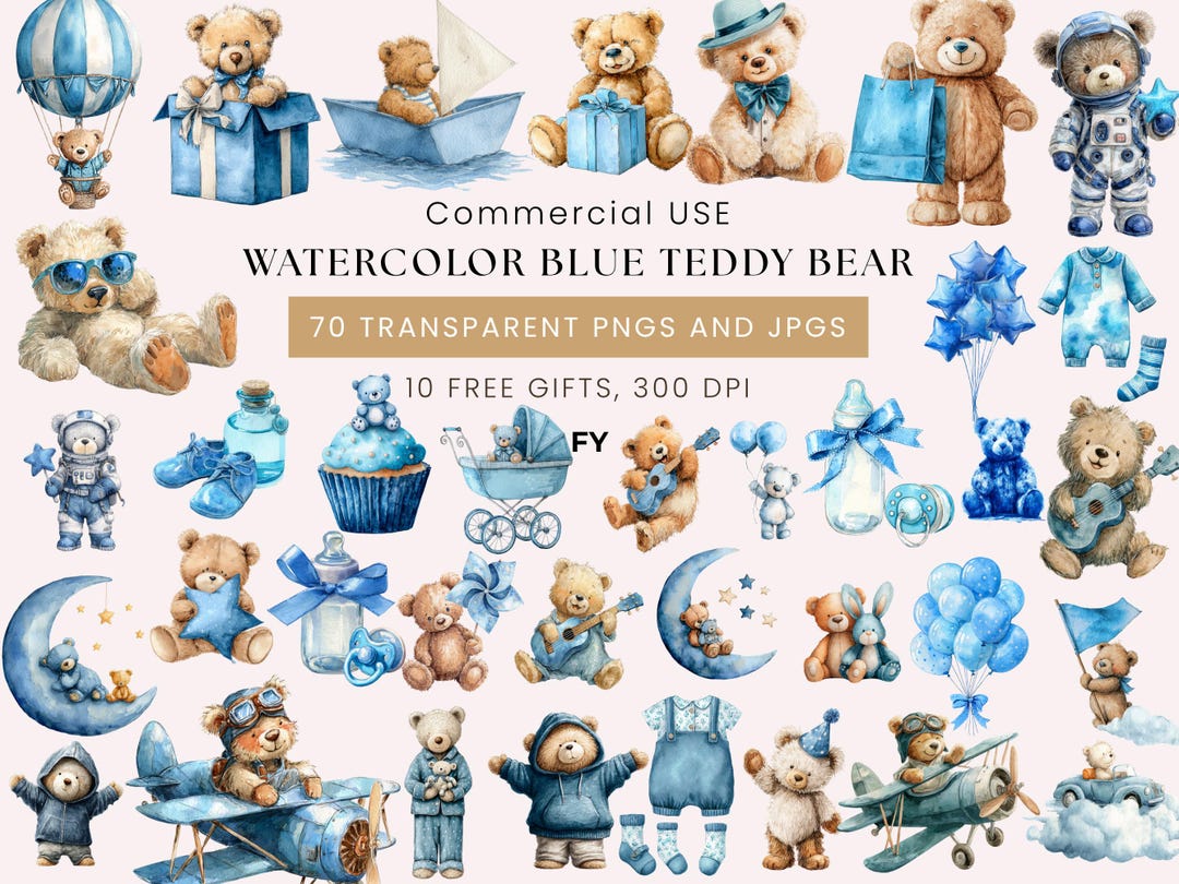 Watercolor Teddy Bear Clipart Bundle | Baby Blue Teddy Bear 70+PNG ...